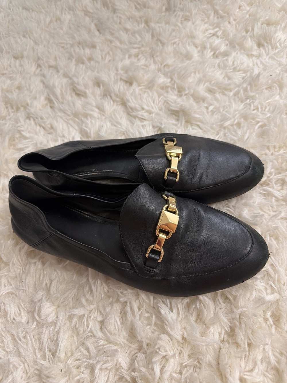 Michael Kors Black Leather Loafers with Gold Chain Accent
